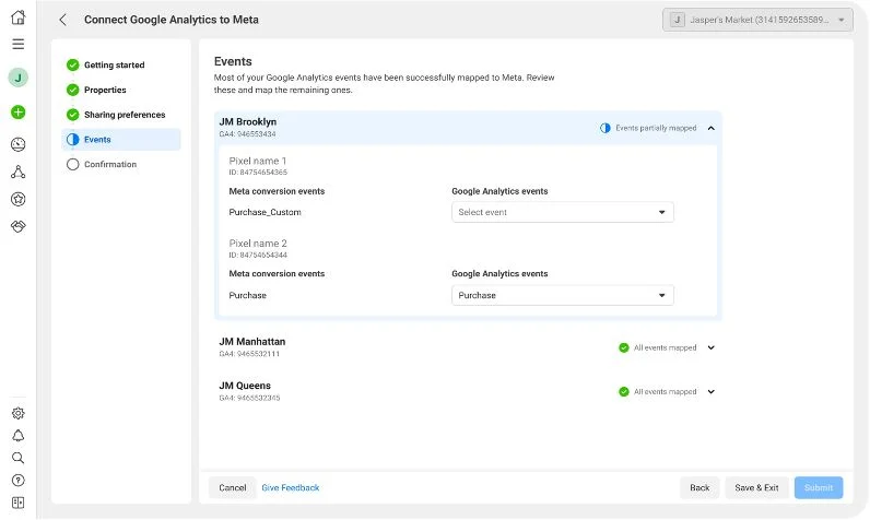 Ecranul de conectare a Google Analytics la Meta, cu maparea evenimentelor de conversie