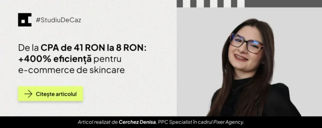 Hero banner for StudiuDeCaz: headline 'De la CPA de 41 RON la 8 RON: +400% eficiență pentru e-commerce de skincare' with a smiling woman in glasses on the right and a lime 'Citește articolul' button on the left.