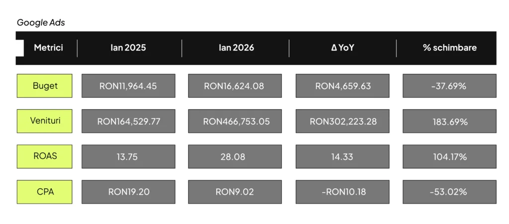Rezultate Google Ads Ian 2025 vs. Ian 2026