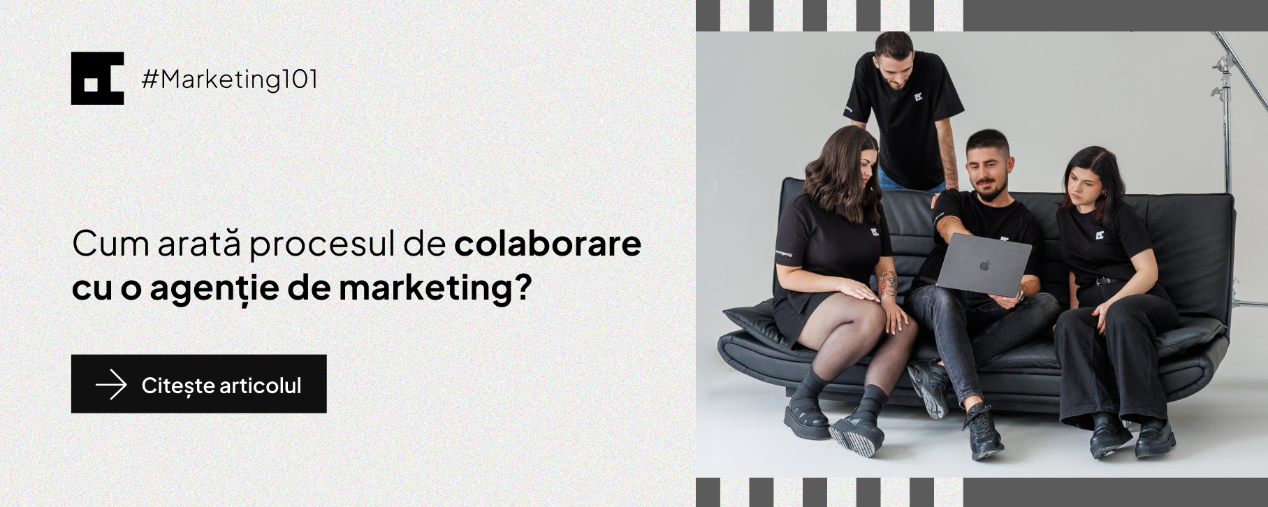 Promo banner for Marketing101 article: a team of four in black shirts sits on a couch, looking at a laptop in a studio setting.