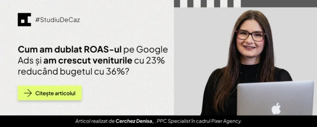 Hero banner: Romanian case study headline about doubling ROAS on Google Ads and 23% revenue growth; neon 'Citește articolul' button; smiling woman with a laptop on the right.